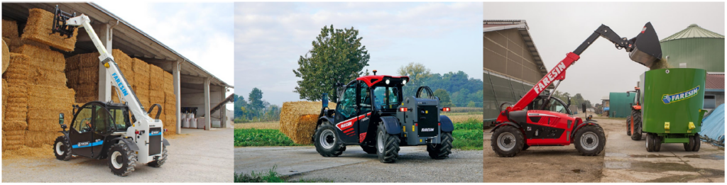 Various electric and diesel faresin telehandlers on a farm performing farming tasks